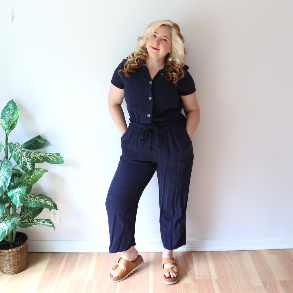Sojurn Jumpsuit Navy Blue Button Front Linen Blend Petite XL Short Story